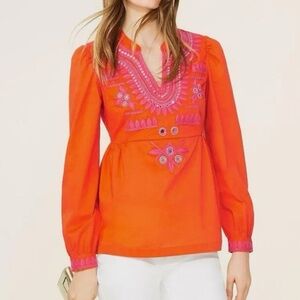 Tory Burch Orange Pink Claudia Mirrors Beaded Long Sleeve Tunic Top Size 6